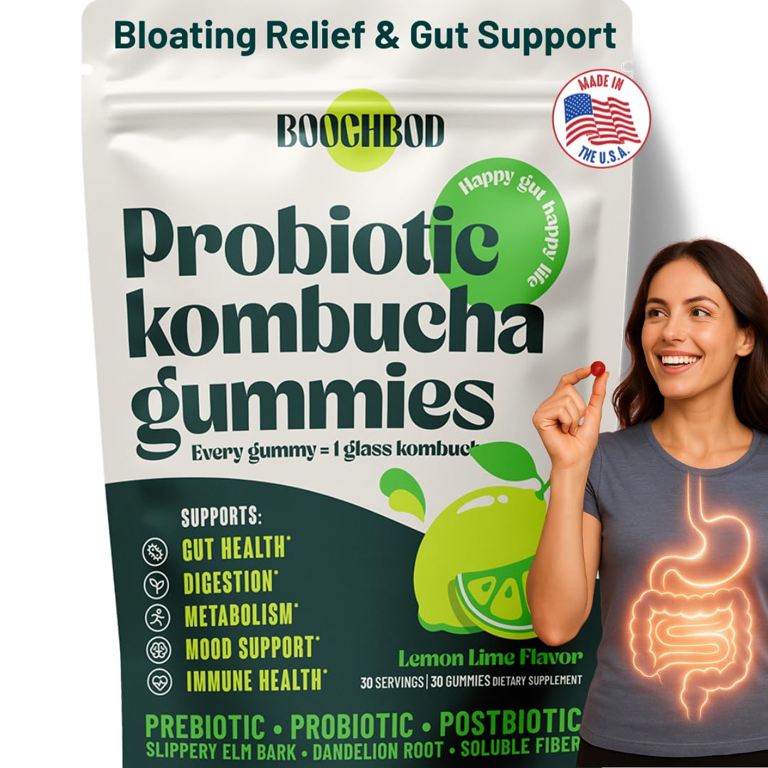 BoochBod - Probiotic Kombucha Gummy - Prebiotics, Probiotics, Postbiotics, Fiber Supplement, Slippery Elm, Dandelion Root, for Bloating, Gut Health - dailyvitalstore