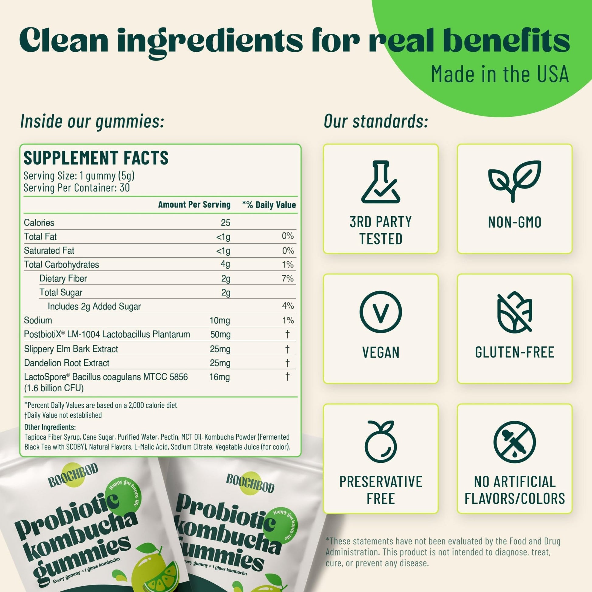 BoochBod - Probiotic Kombucha Gummy - Prebiotics, Probiotics, Postbiotics, Fiber Supplement, Slippery Elm, Dandelion Root, for Bloating, Gut Health - dailyvitalstore