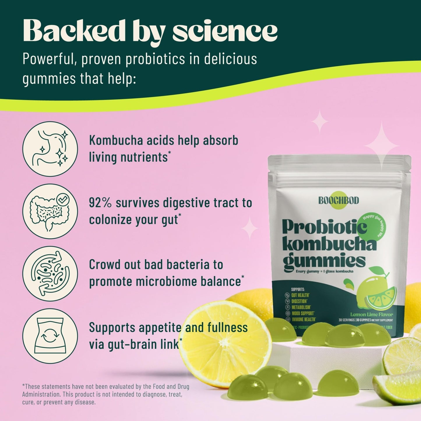 BoochBod - Probiotic Kombucha Gummy - Prebiotics, Probiotics, Postbiotics, Fiber Supplement, Slippery Elm, Dandelion Root, for Bloating, Gut Health - dailyvitalstore