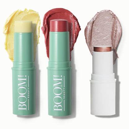 Boomstick Trio ® Rose Nude 3 Pack Cream Blush Makeup - Rose Nude Blush Stick, Highlighter Stick & Moisturizer for Cheeks, Eyes & Lips - Boom Sticks by Cindy Joseph for Older Women - dailyvitalstore