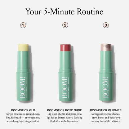 Boomstick Trio ® Rose Nude 3 Pack Cream Blush Makeup - Rose Nude Blush Stick, Highlighter Stick & Moisturizer for Cheeks, Eyes & Lips - Boom Sticks by Cindy Joseph for Older Women - dailyvitalstore