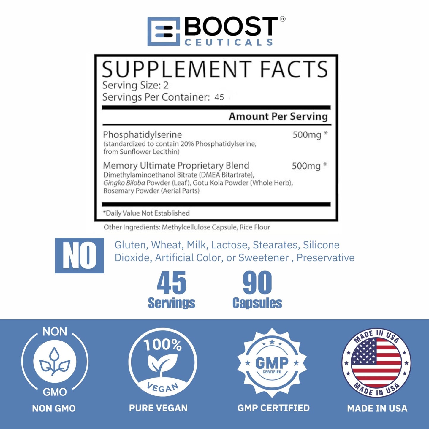 BoostCeuticals Phosphatidylserine 100mg with Ginkgo DMAE Gotu Kola - Memory, Stress & Cortisol Support, Cognitive Focus, Sleep Health, Brain Function Supplement, 90 Capsules - dailyvitalstore