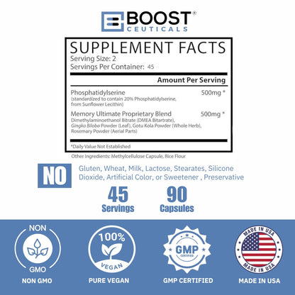BoostCeuticals Phosphatidylserine 100mg with Ginkgo DMAE Gotu Kola - Memory, Stress & Cortisol Support, Cognitive Focus, Sleep Health, Brain Function Supplement, 90 Capsules - dailyvitalstore