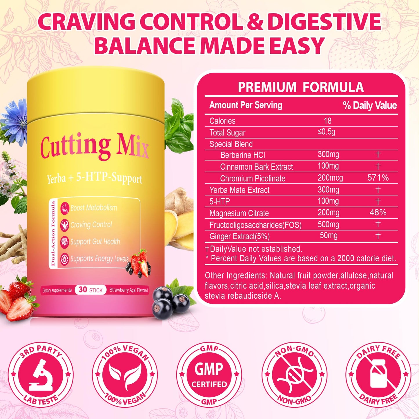 BOSNETHUINH Cutting Drink Mix – Chromium, 5-HTP, Yerba Mate, FOS & Magnesium | Supports Satiety Signaling, Energy & Gut Health - dailyvitalstore
