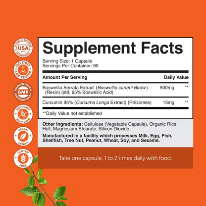 Boswellia Extract Capsules with Turmeric - Advanced Immune Health Support Supplement - Turmeric & Boswellia Serrata Capsules 500mg per Serving for Body Detox & Healthy Joints - 90 Count - dailyvitalstore