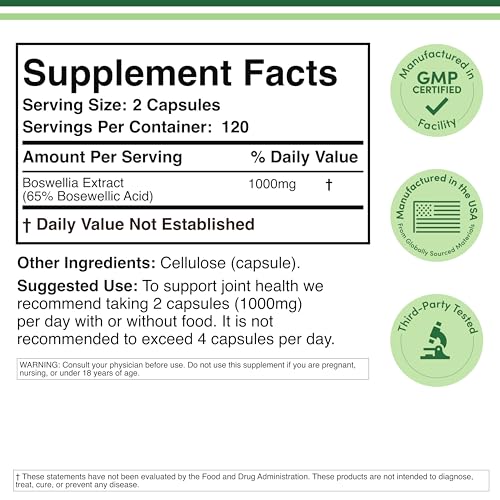 Boswellia Serrata - 240 Capsules (Max Strength 1,000mg of 65% Boswellic Acid Extract) Boswellia Extract Capsules (Joint Support Supplement for Joint Health) Third Party Tested by Double Wood - dailyvitalstore