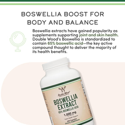 Boswellia Serrata - 240 Capsules (Max Strength 1,000mg of 65% Boswellic Acid Extract) Boswellia Extract Capsules (Joint Support Supplement for Joint Health) Third Party Tested by Double Wood - dailyvitalstore