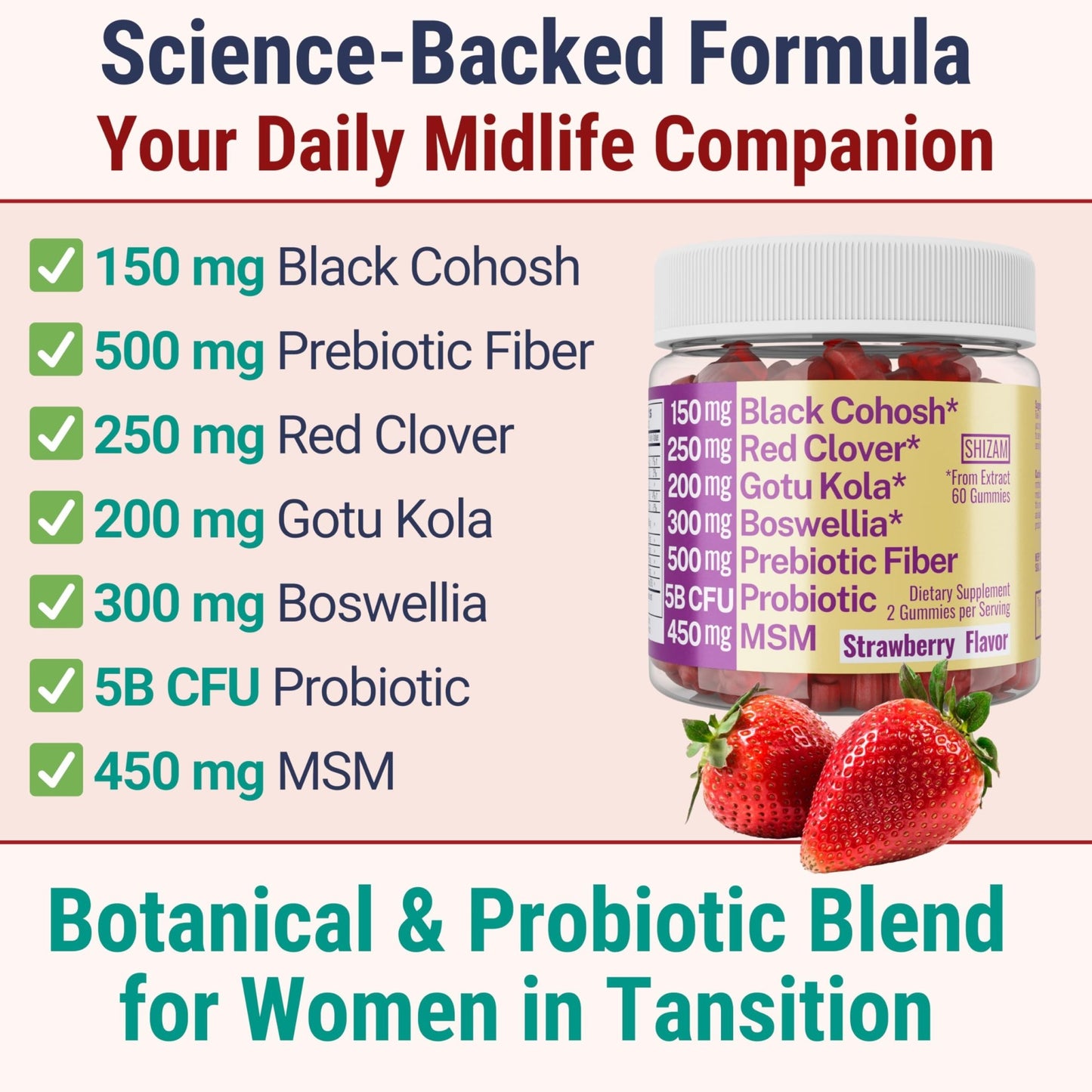 Boswellia Serrata Black Cohosh Gotu Kola Red Clover Extract Complex Gummies w. Probiotic Fiber (Chicory Root Inulin) MSM Methylsulfonylmethane, Supplement Alt for Organic Powder Capsules Tincture - dailyvitalstore