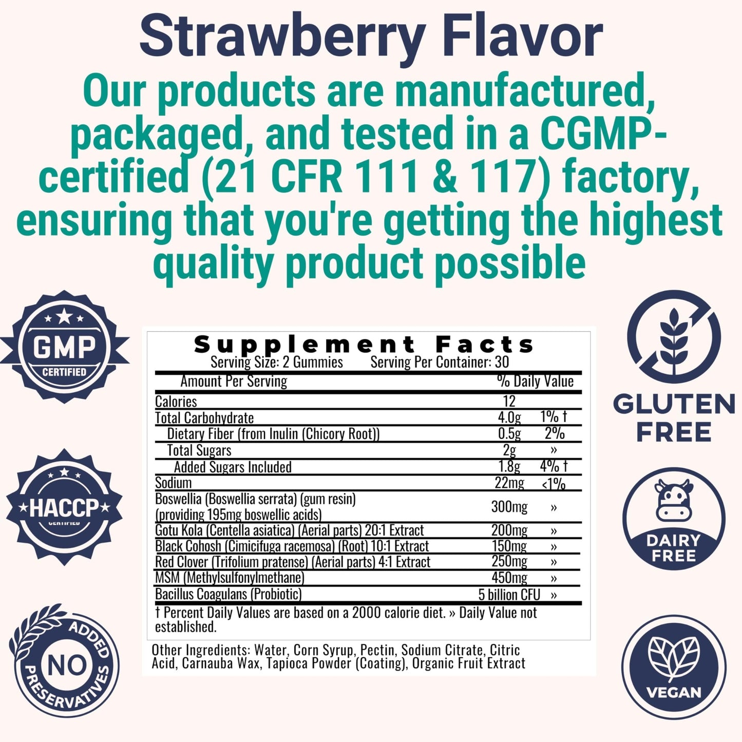 Boswellia Serrata Black Cohosh Gotu Kola Red Clover Extract Complex Gummies w. Probiotic Fiber (Chicory Root Inulin) MSM Methylsulfonylmethane, Supplement Alt for Organic Powder Capsules Tincture - dailyvitalstore