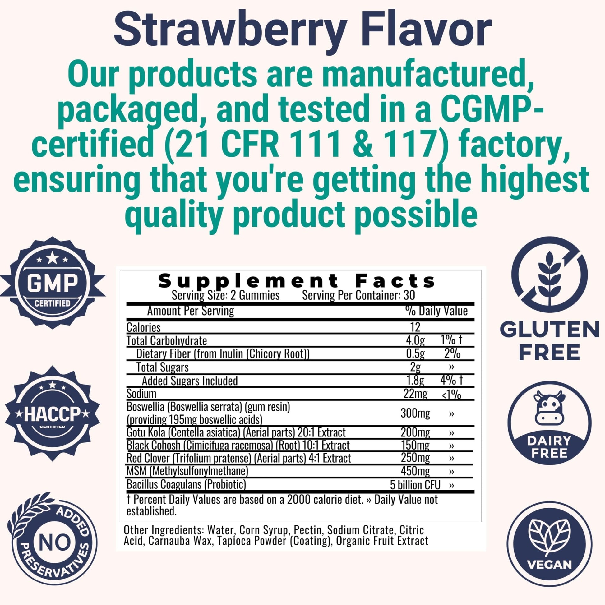 Boswellia Serrata Black Cohosh Gotu Kola Red Clover Extract Complex Gummies w. Probiotic Fiber (Chicory Root Inulin) MSM Methylsulfonylmethane, Supplement Alt for Organic Powder Capsules Tincture - dailyvitalstore