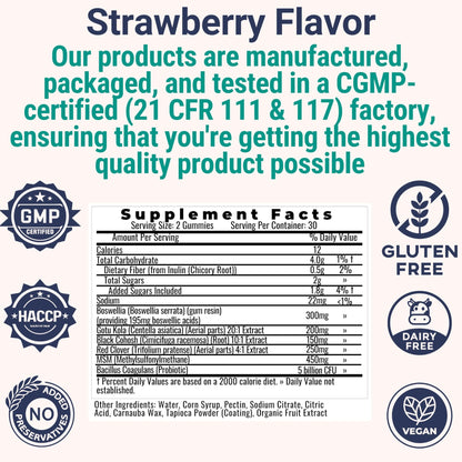 Boswellia Serrata Black Cohosh Gotu Kola Red Clover Extract Complex Gummies w. Probiotic Fiber (Chicory Root Inulin) MSM Methylsulfonylmethane, Supplement Alt for Organic Powder Capsules Tincture - dailyvitalstore