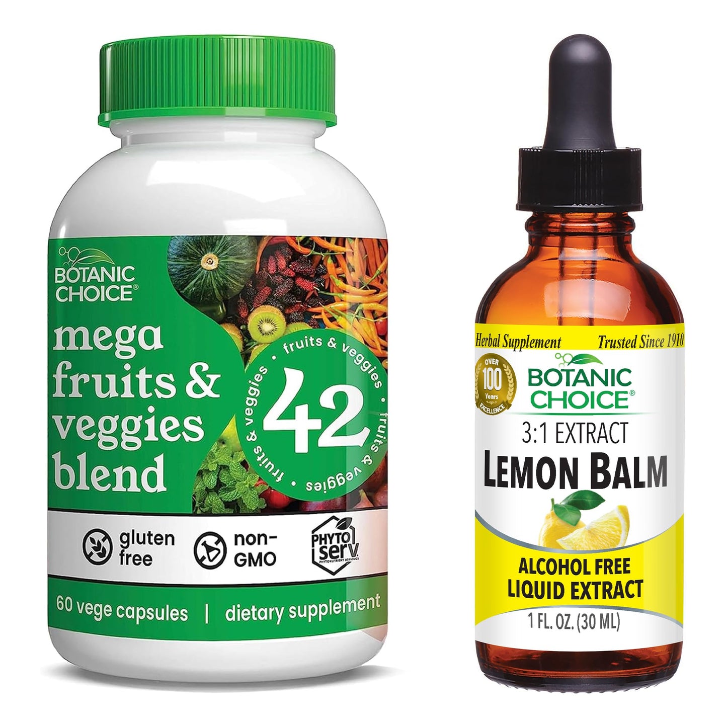 Botanic Choice Mega Fruits and Veggies Blend (60 Capsules) + Lemon Balm Tincture (1 fl oz) Bundle - Energy Balance & Superfood Supplement + Relaxation and Sleep Support - dailyvitalstore