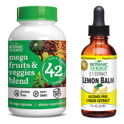 Botanic Choice Mega Fruits and Veggies Blend (60 Capsules) + Lemon Balm Tincture (1 fl oz) Bundle - Energy Balance & Superfood Supplement + Relaxation and Sleep Support - dailyvitalstore