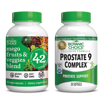 Botanic Choice Mega Fruits and Veggies Blend (60 Capsules) + Prostate 9 Complex (30 Softgels) Bundle - Energy Balance & Superfood Supplement + Urinary Flow & Cellular Health - dailyvitalstore