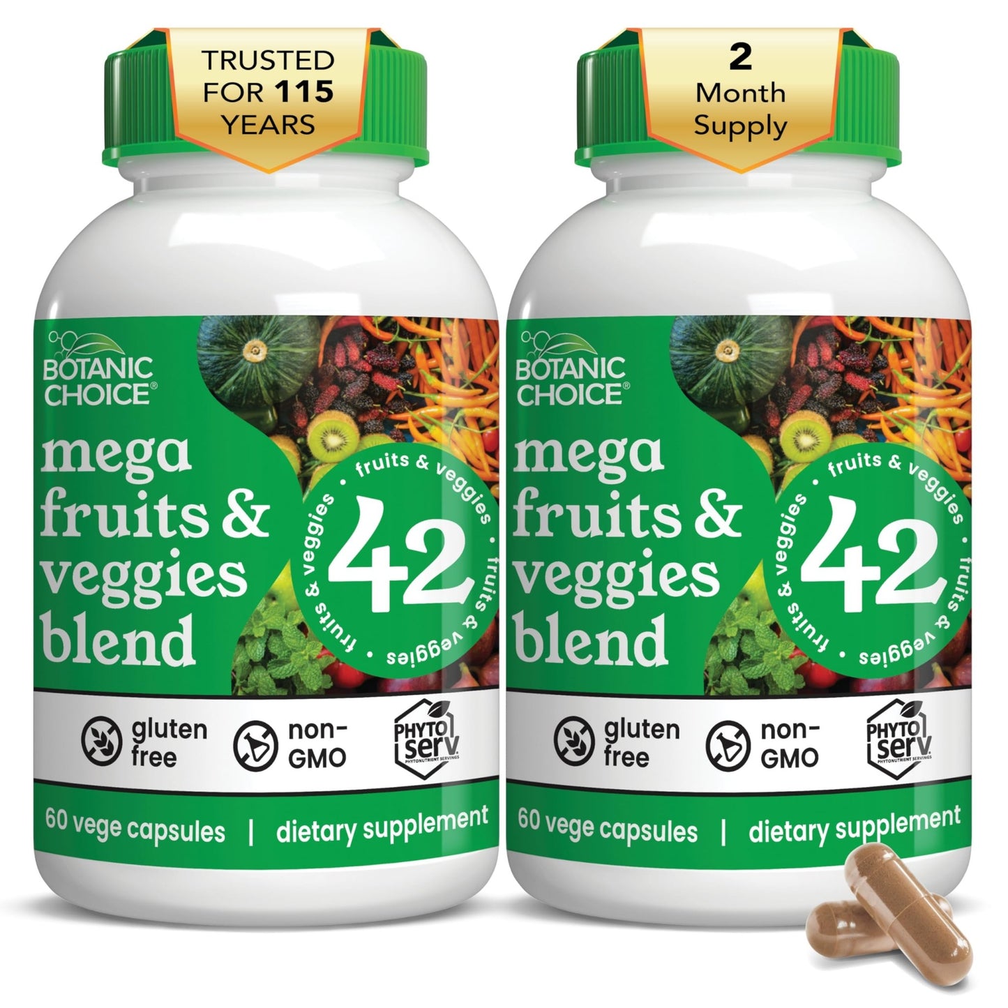 Botanic Choice Since 1910 - Mega Fruits & Veggies Blend - 42 Fruits and Vegetables - 2 Caps Daily - 60 Count Supplement - 2 Pack - dailyvitalstore