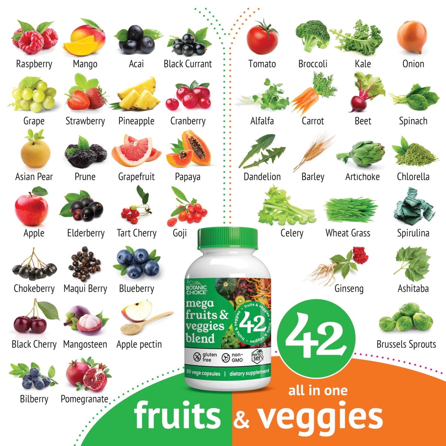 Botanic Choice Since 1910 - Mega Fruits & Veggies Blend - 42 Fruits and Vegetables - 2 Caps Daily - 60 Count Supplement - dailyvitalstore
