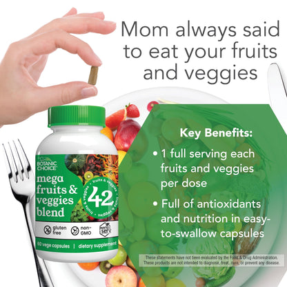 Botanic Choice Since 1910 - Mega Fruits & Veggies Blend - 42 Fruits and Vegetables - 2 Caps Daily - 60 Count Supplement - dailyvitalstore