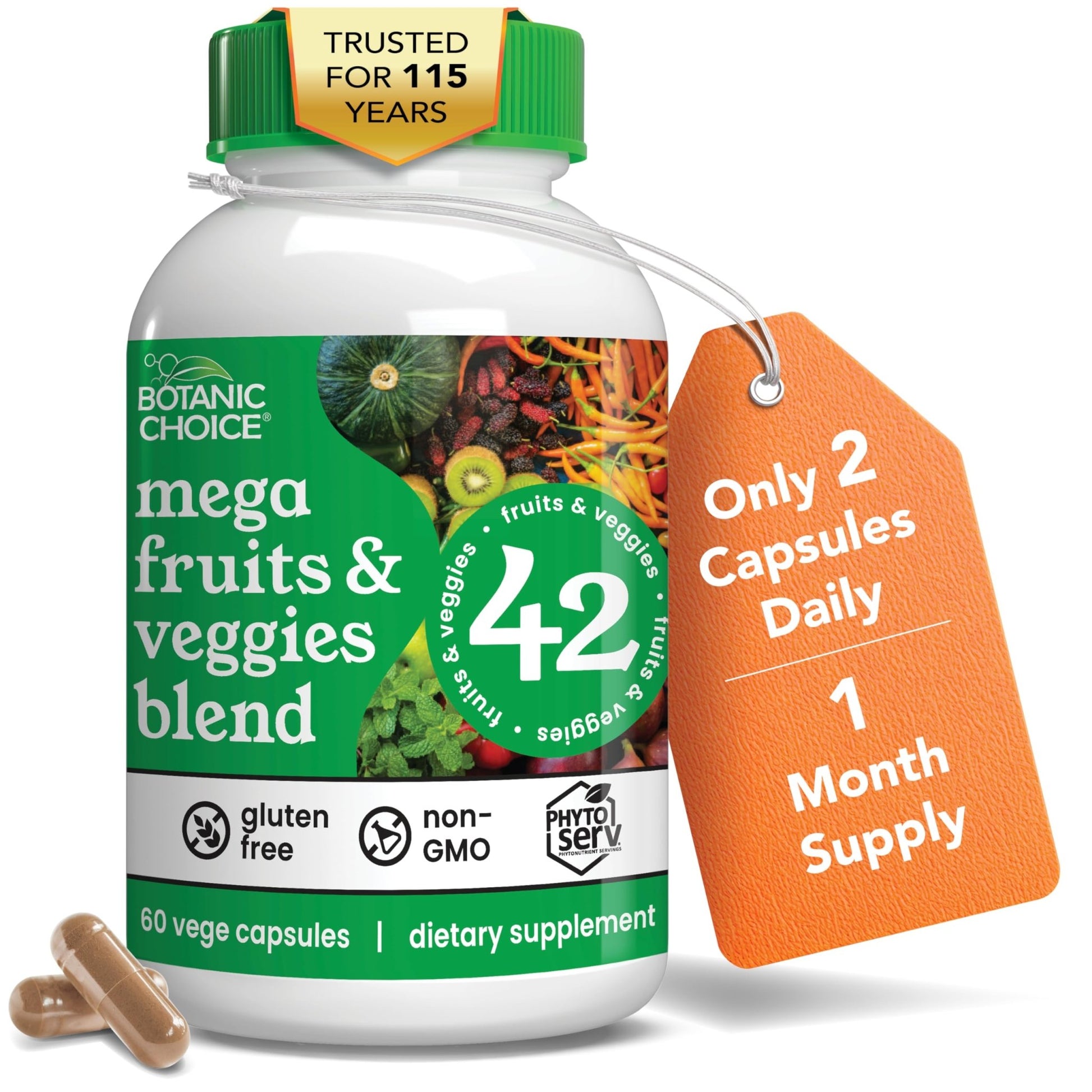 Botanic Choice Since 1910 - Mega Fruits & Veggies Blend - 42 Fruits and Vegetables - 2 Caps Daily - 60 Count Supplement - dailyvitalstore