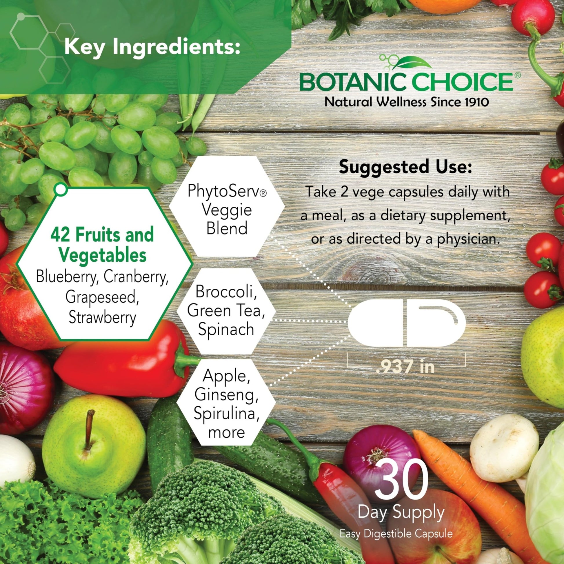 Botanic Choice Since 1910 - Mega Fruits & Veggies Blend - 42 Fruits and Vegetables - 2 Caps Daily - 60 Count Supplement - dailyvitalstore