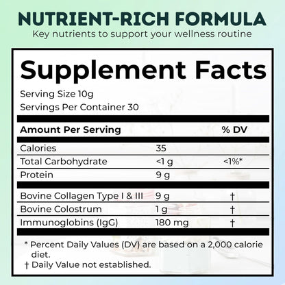 Bovine Colostrum and Hydrolyzed Collagen Peptides Powder Supplement for Women & Men - Supports Gut Health, Joint & Bone Health, Hair Skin Nails - Grass-Fed, Non-GMO, Gluten Free, 300g (30 Servings) - dailyvitalstore