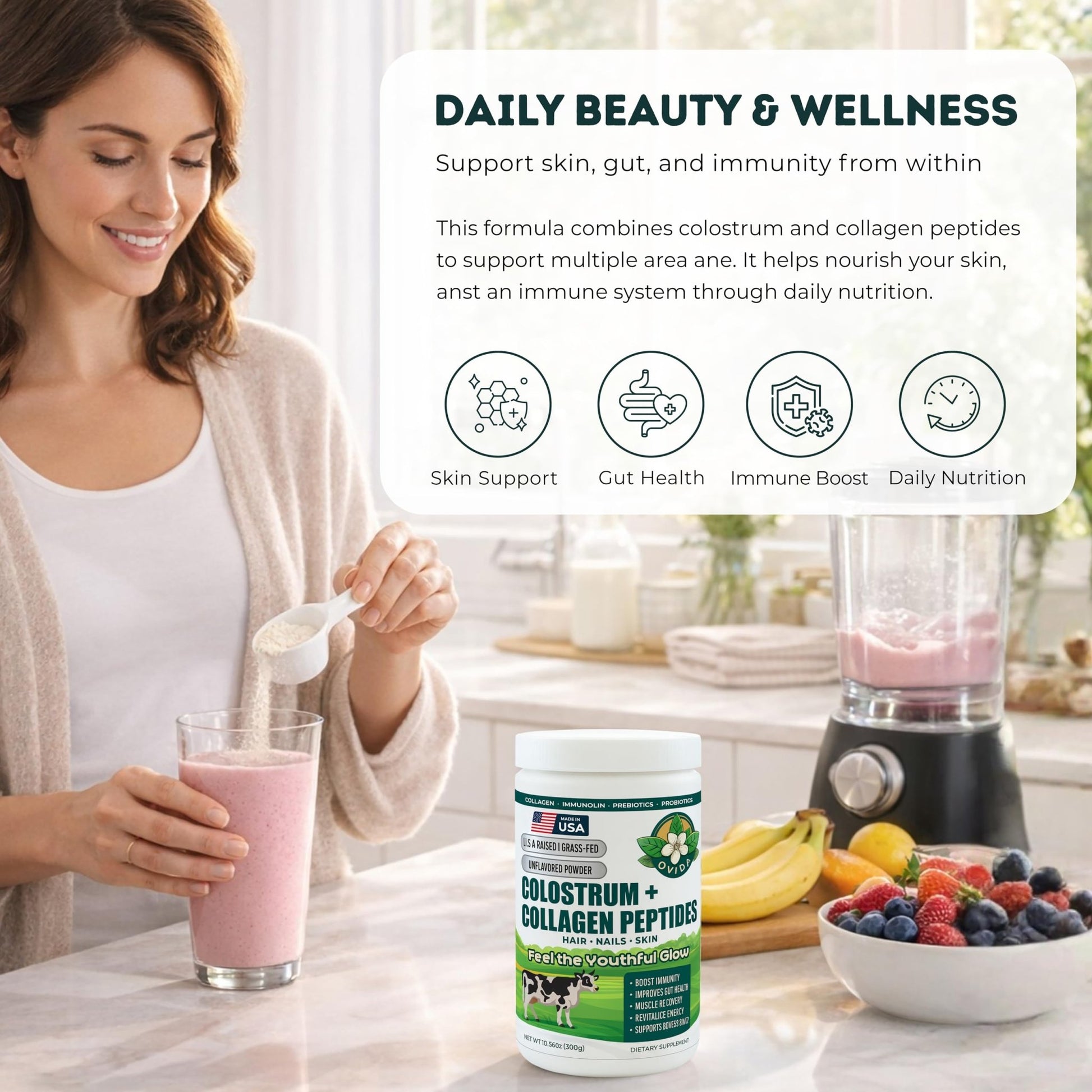 Bovine Colostrum and Hydrolyzed Collagen Peptides Powder Supplement for Women & Men - Supports Gut Health, Joint & Bone Health, Hair Skin Nails - Grass-Fed, Non-GMO, Gluten Free, 300g (30 Servings) - dailyvitalstore