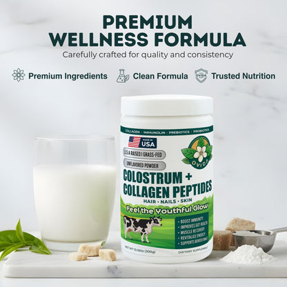 Bovine Colostrum and Hydrolyzed Collagen Peptides Powder Supplement for Women & Men - Supports Gut Health, Joint & Bone Health, Hair Skin Nails - Grass-Fed, Non-GMO, Gluten Free, 300g (30 Servings) - dailyvitalstore