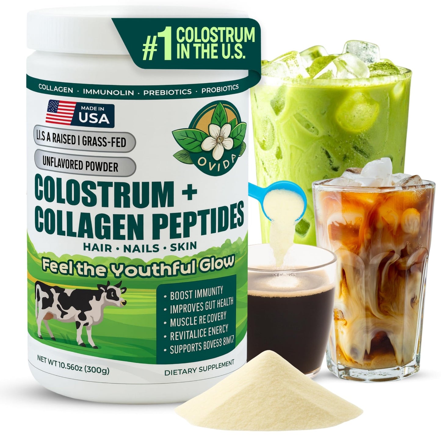 Bovine Colostrum and Hydrolyzed Collagen Peptides Powder Supplement for Women & Men - Supports Gut Health, Joint & Bone Health, Hair Skin Nails - Grass-Fed, Non-GMO, Gluten Free, 300g (30 Servings) - dailyvitalstore