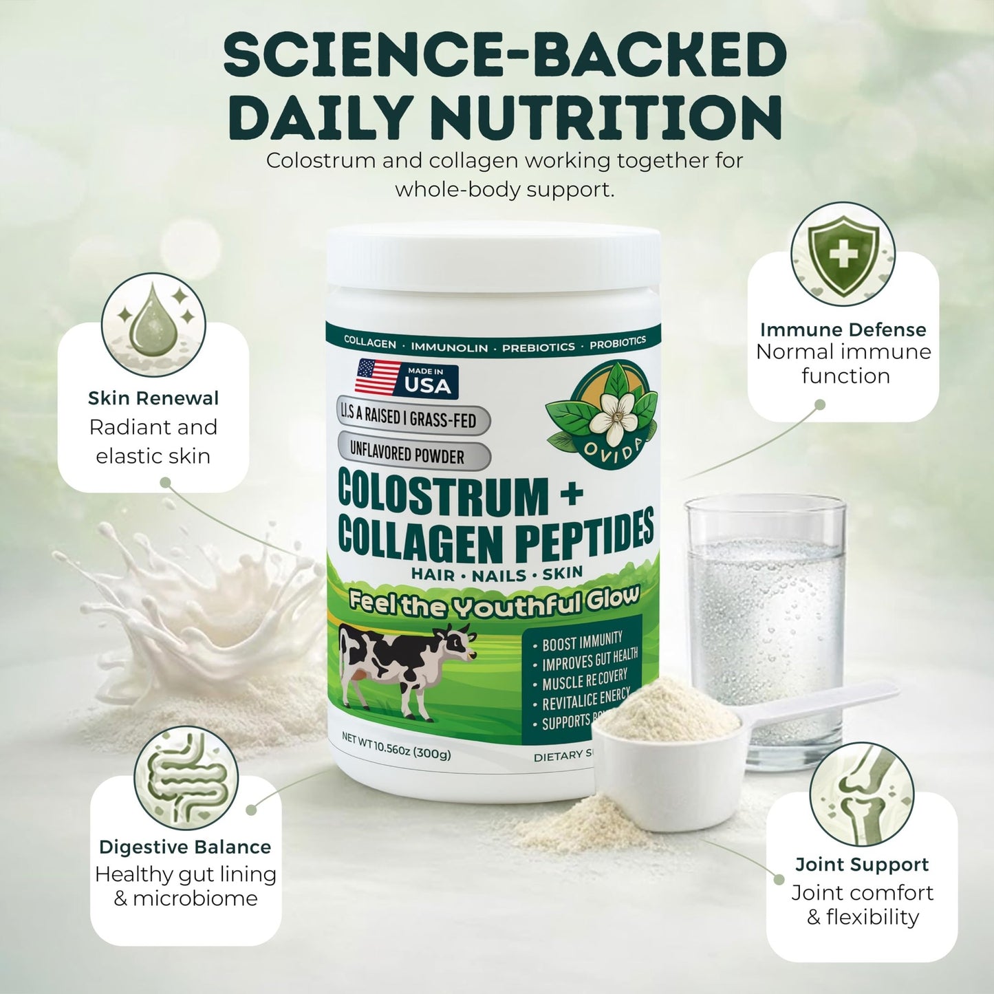 Bovine Colostrum and Hydrolyzed Collagen Peptides Powder Supplement for Women & Men - Supports Gut Health, Joint & Bone Health, Hair Skin Nails - Grass-Fed, Non-GMO, Gluten Free, 300g (30 Servings) - dailyvitalstore