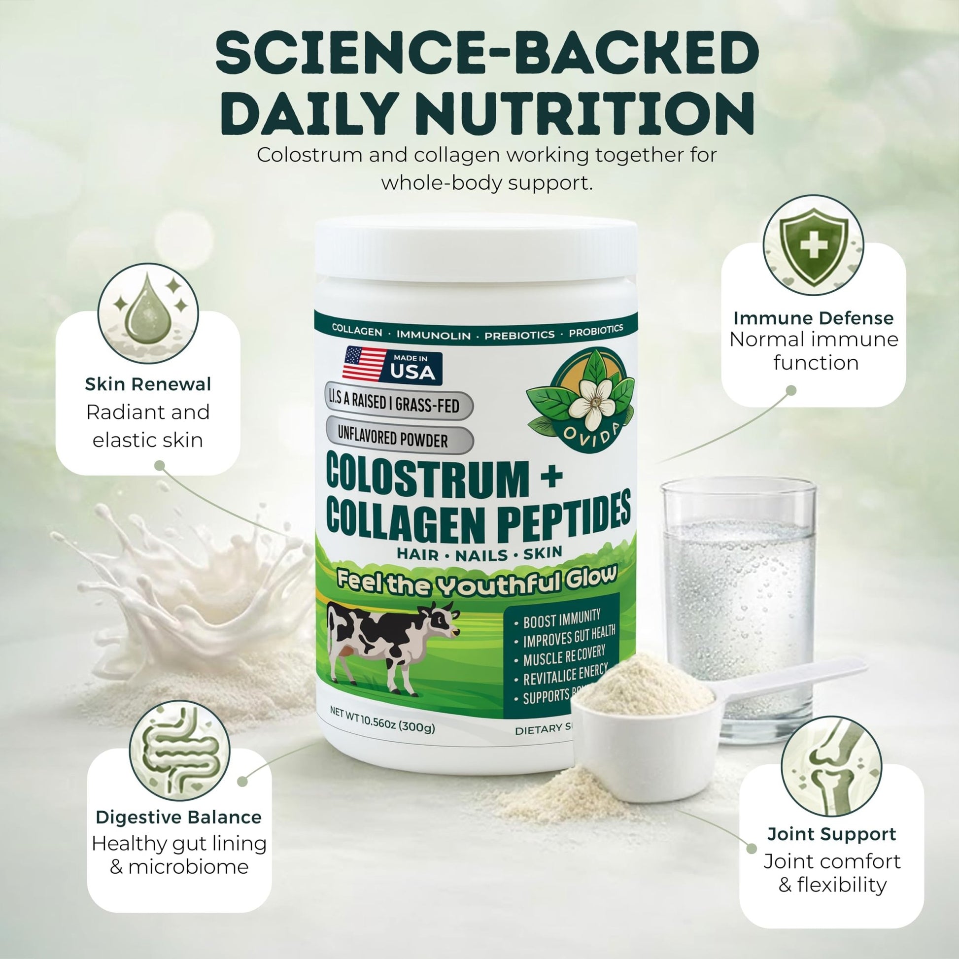 Bovine Colostrum and Hydrolyzed Collagen Peptides Powder Supplement for Women & Men - Supports Gut Health, Joint & Bone Health, Hair Skin Nails - Grass-Fed, Non-GMO, Gluten Free, 300g (30 Servings) - dailyvitalstore