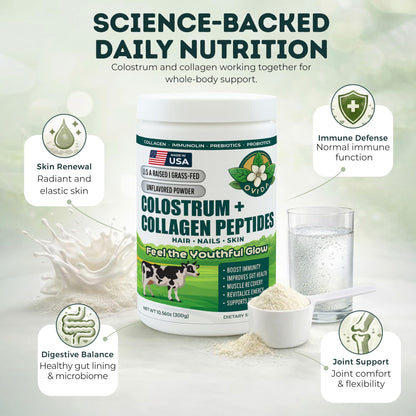 Bovine Colostrum and Hydrolyzed Collagen Peptides Powder Supplement for Women & Men - Supports Gut Health, Joint & Bone Health, Hair Skin Nails - Grass-Fed, Non-GMO, Gluten Free, 300g (30 Servings) - dailyvitalstore