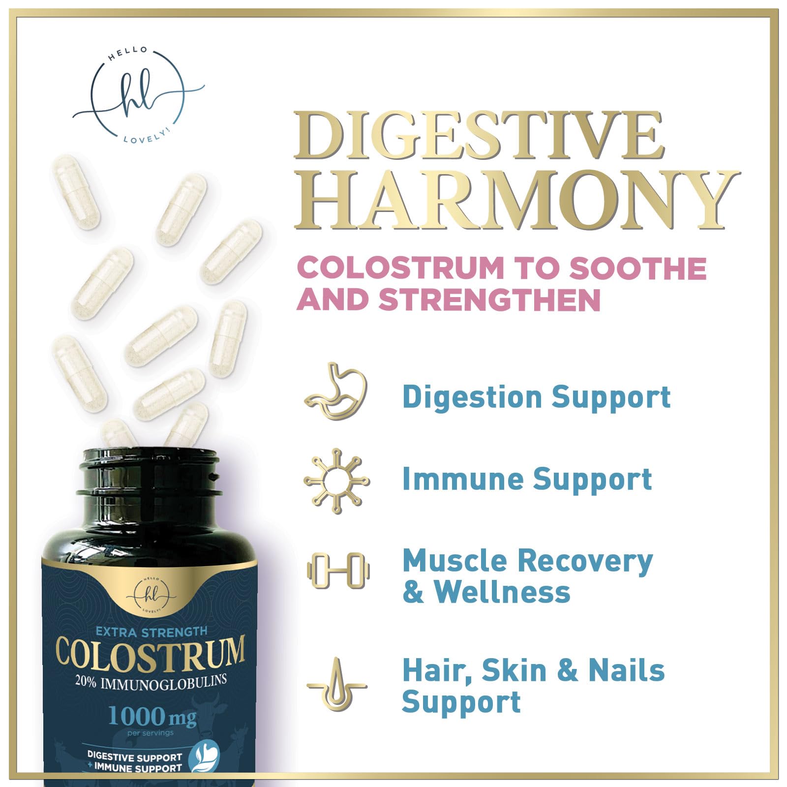 Bovine Colostrum Powder 1000mg Per Serving - with Immunoglobulins (IgG) for Immune Support, Energy & Gut Health Supplement, SP Colostrum Powder Pills, - dailyvitalstore