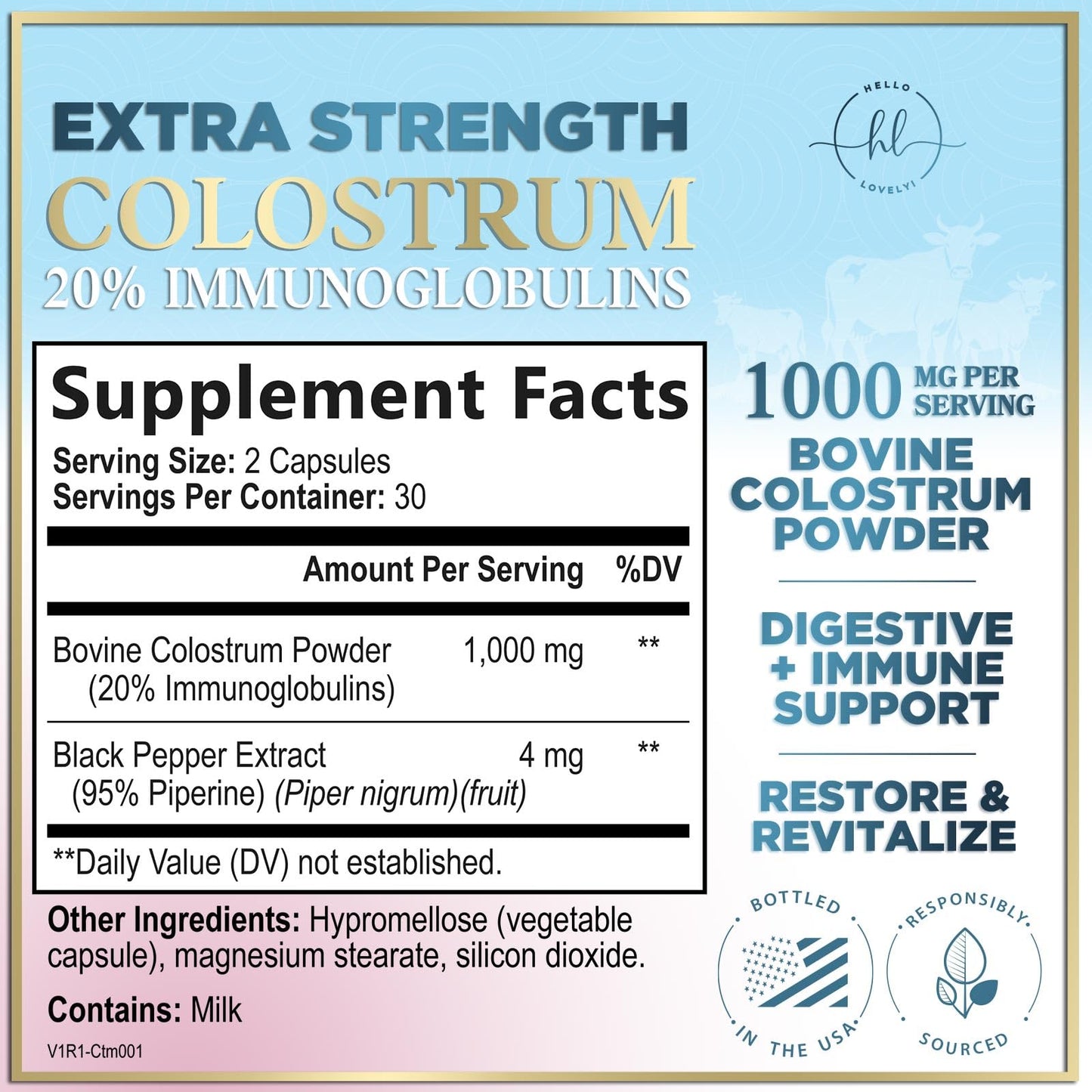 Bovine Colostrum Powder 1000mg Per Serving - with Immunoglobulins (IgG) for Immune Support, Energy & Gut Health Supplement, SP Colostrum Powder Pills, - dailyvitalstore