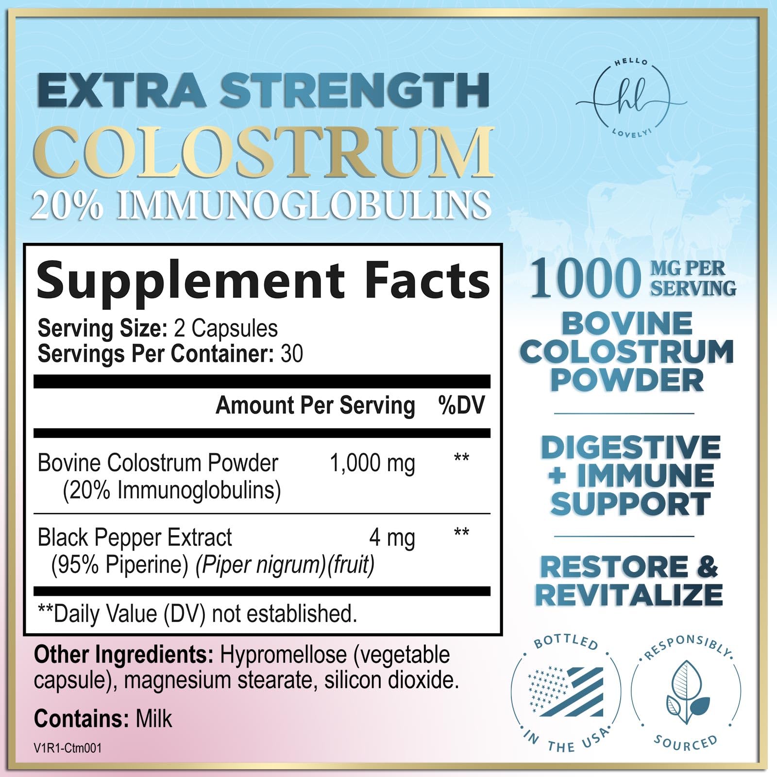 Bovine Colostrum Powder 1000mg Per Serving - with Immunoglobulins (IgG) for Immune Support, Energy & Gut Health Supplement, SP Colostrum Powder Pills, - dailyvitalstore