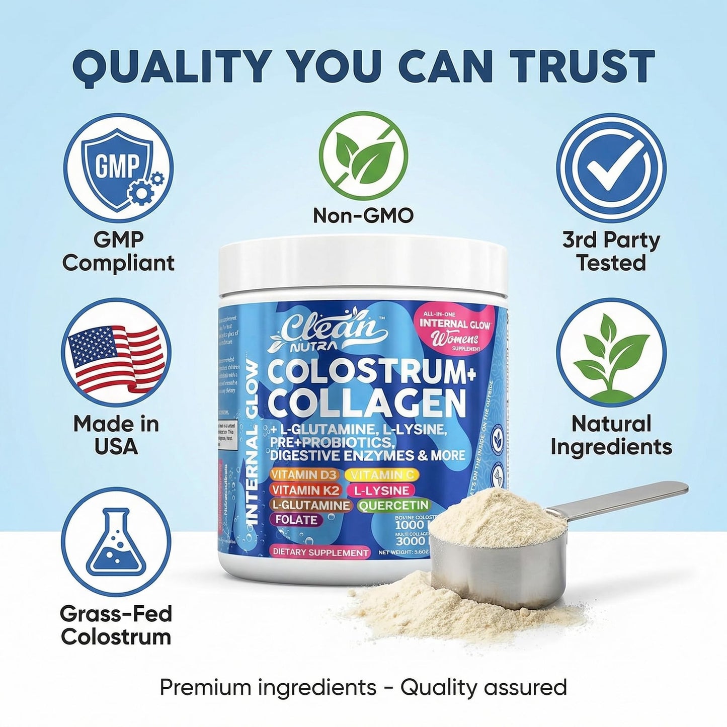 Bovine Colostrum Powder + Collagen Peptides with L-Glutamine L-Lysine Prebiotics Probiotics Digestive Enzymes Vitamin D K2 C Quercetin & Folate | Gut Health Supplement Internal Glow By Clean Nutra - dailyvitalstore