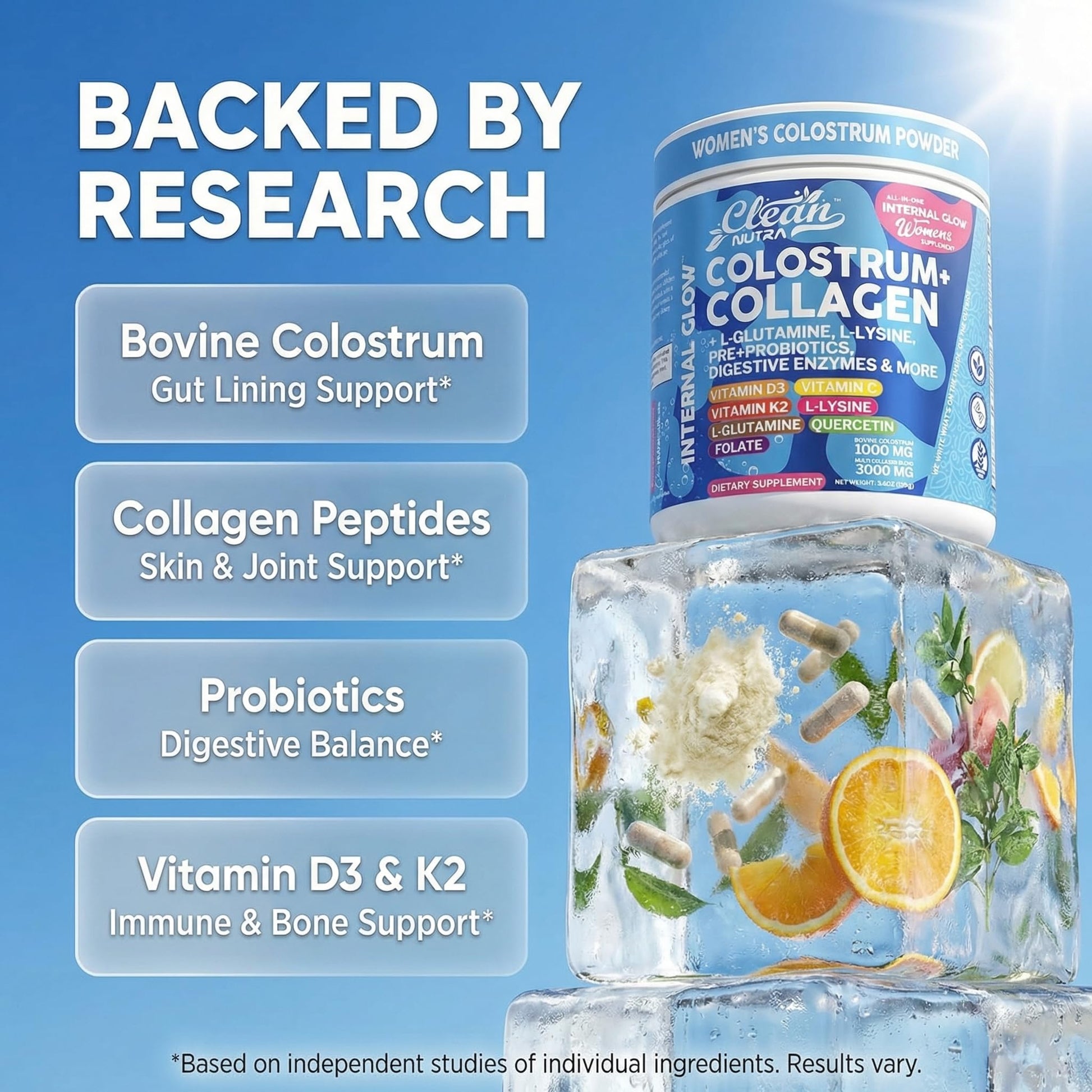 Bovine Colostrum Powder + Collagen Peptides with L-Glutamine L-Lysine Prebiotics Probiotics Digestive Enzymes Vitamin D K2 C Quercetin & Folate | Gut Health Supplement Internal Glow By Clean Nutra - dailyvitalstore