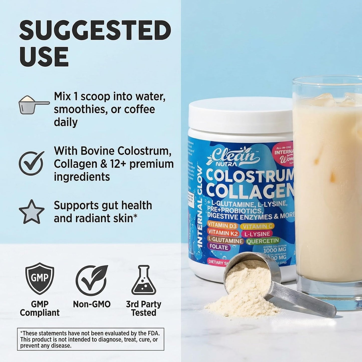 Bovine Colostrum Powder + Collagen Peptides with L-Glutamine L-Lysine Prebiotics Probiotics Digestive Enzymes Vitamin D K2 C Quercetin & Folate | Gut Health Supplement Internal Glow By Clean Nutra - dailyvitalstore