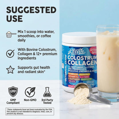 Bovine Colostrum Powder + Collagen Peptides with L-Glutamine L-Lysine Prebiotics Probiotics Digestive Enzymes Vitamin D K2 C Quercetin & Folate | Gut Health Supplement Internal Glow By Clean Nutra - dailyvitalstore