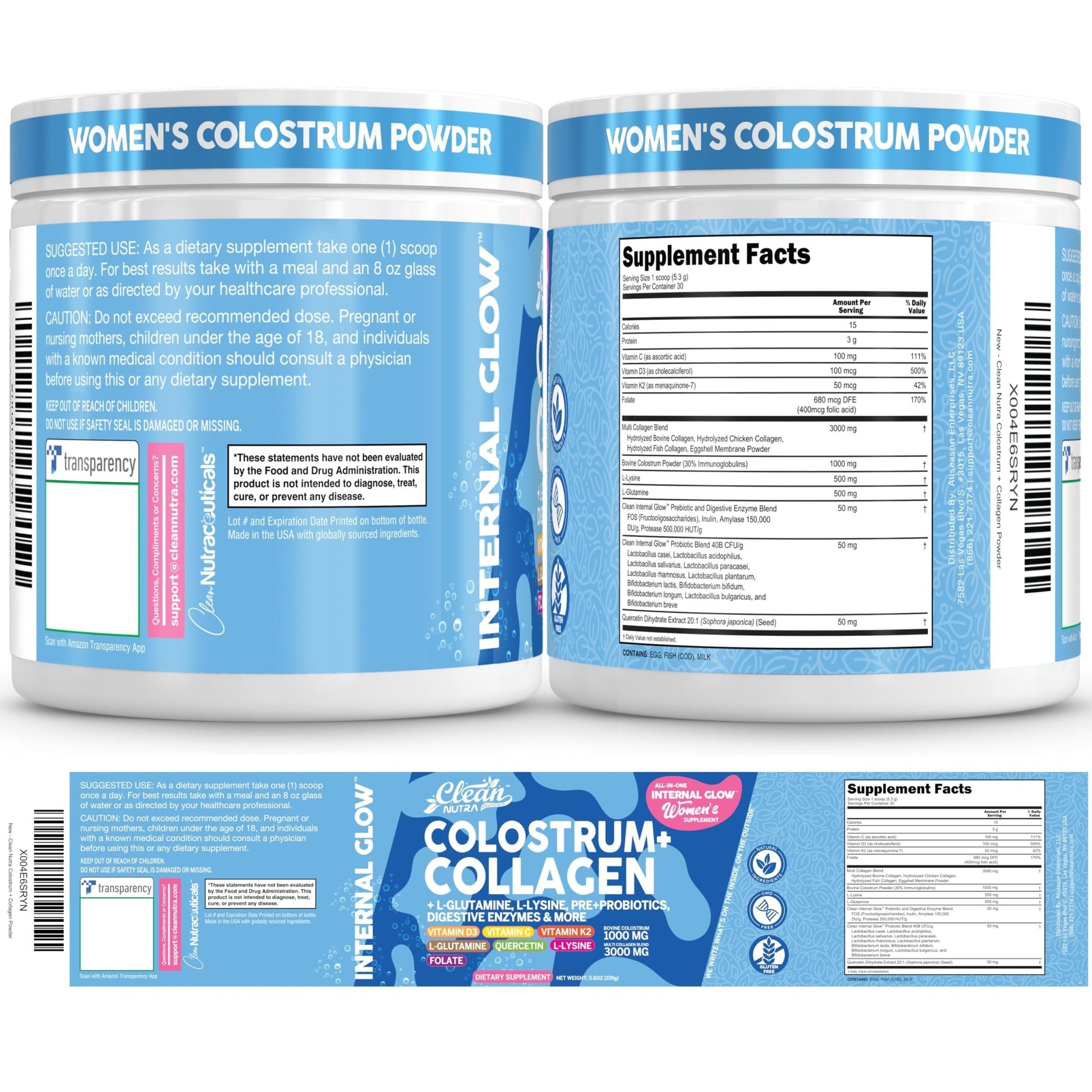 Bovine Colostrum Powder + Collagen Peptides with L-Glutamine L-Lysine Prebiotics Probiotics Digestive Enzymes Vitamin D K2 C Quercetin & Folate | Gut Health Supplement Internal Glow By Clean Nutra - dailyvitalstore