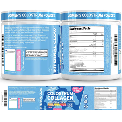 Bovine Colostrum Powder + Collagen Peptides with L-Glutamine L-Lysine Prebiotics Probiotics Digestive Enzymes Vitamin D K2 C Quercetin & Folate | Gut Health Supplement Internal Glow By Clean Nutra - dailyvitalstore