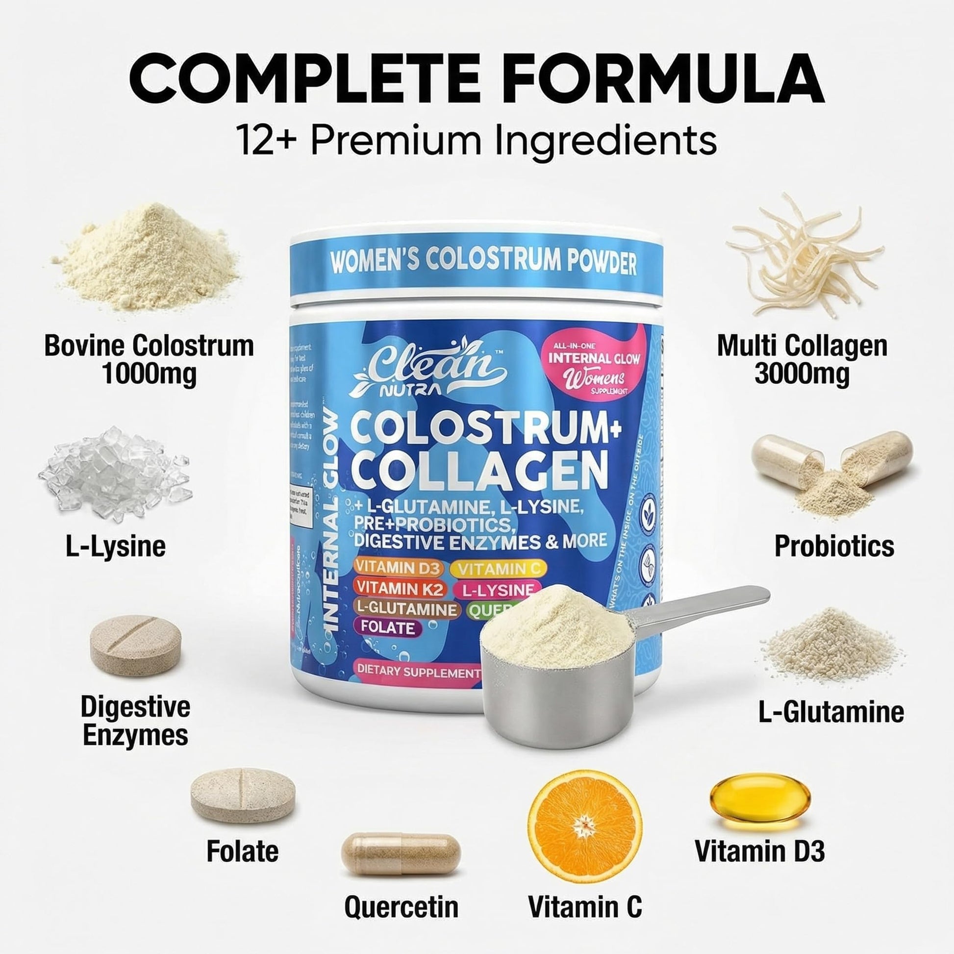 Bovine Colostrum Powder + Collagen Peptides with L-Glutamine L-Lysine Prebiotics Probiotics Digestive Enzymes Vitamin D K2 C Quercetin & Folate | Gut Health Supplement Internal Glow By Clean Nutra - dailyvitalstore