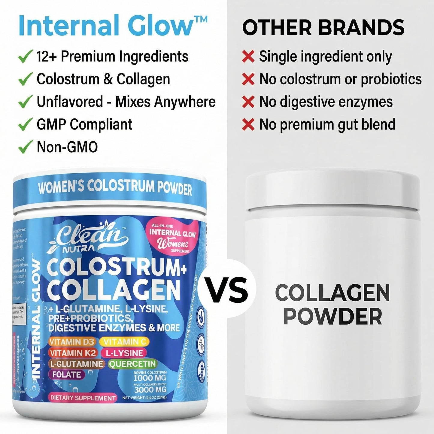 Bovine Colostrum Powder + Collagen Peptides with L-Glutamine L-Lysine Prebiotics Probiotics Digestive Enzymes Vitamin D K2 C Quercetin & Folate | Gut Health Supplement Internal Glow By Clean Nutra - dailyvitalstore