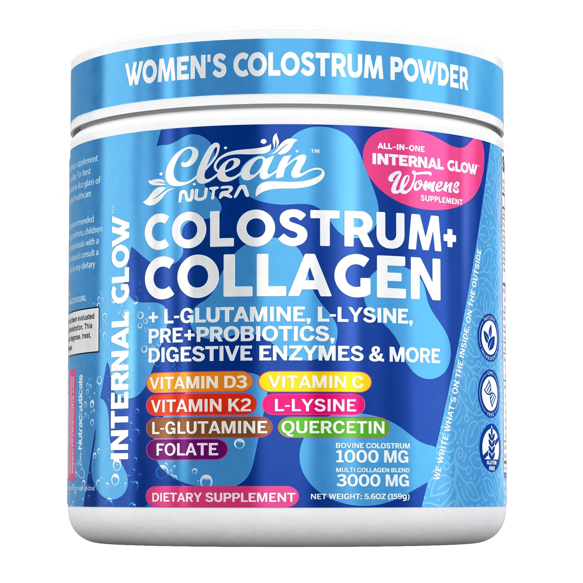 Bovine Colostrum Powder + Collagen Peptides with L-Glutamine L-Lysine Prebiotics Probiotics Digestive Enzymes Vitamin D K2 C Quercetin & Folate | Gut Health Supplement Internal Glow By Clean Nutra - dailyvitalstore