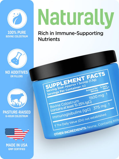 Bovine Colostrum Powder for Women &Men Source of IgG & IgA Grass-Fed, Pure Bovine Colostrum for Gut Health, Immune Support, Muscle Recovery & Wellness, Unflavored - dailyvitalstore