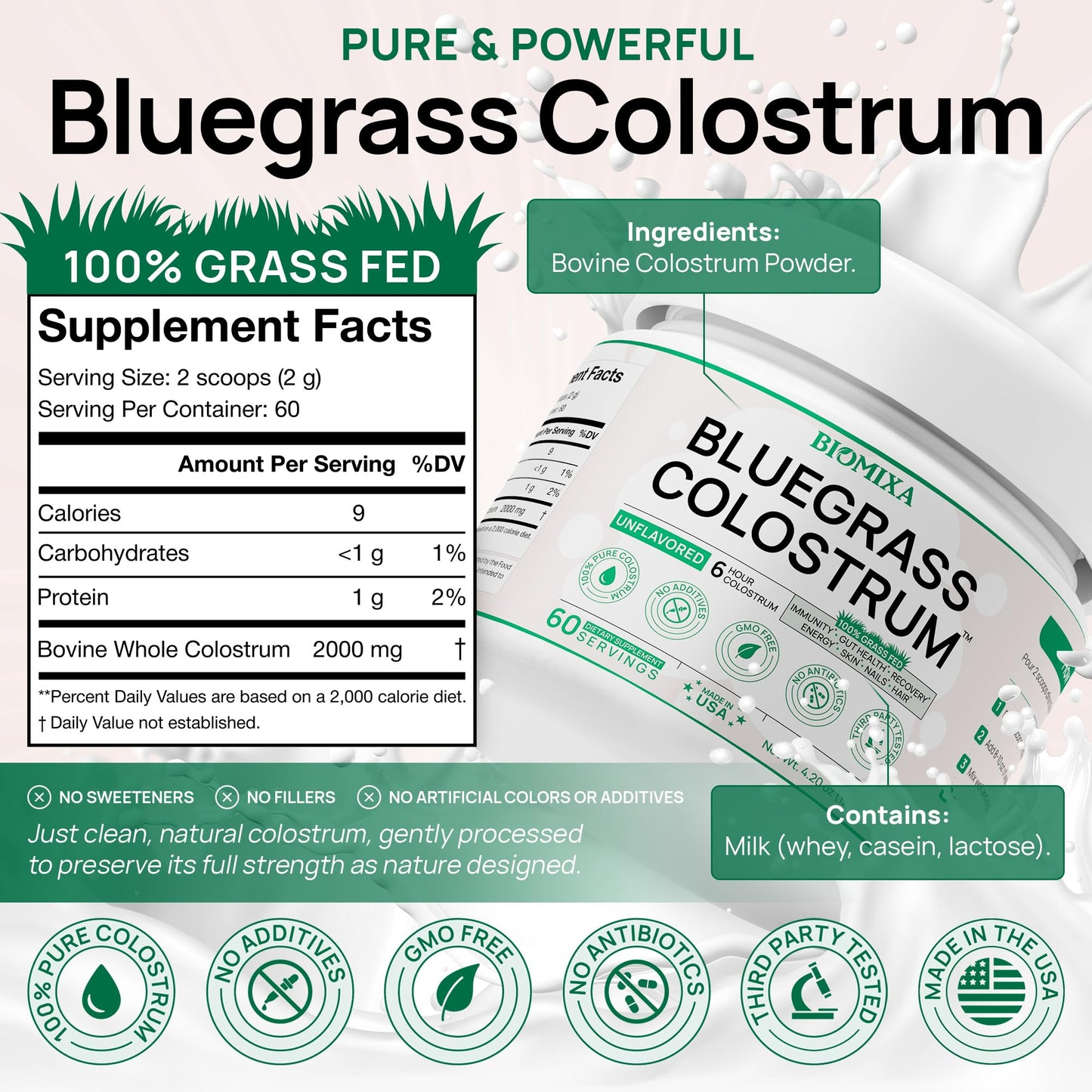 Bovine Colostrum Supplement - 100% Pure Whole Colostrum Powder - Grass-Fed, Unflavored, No Additives, Gut & Immune Support, Natural IgG, 60 Servings - Made in USA - dailyvitalstore