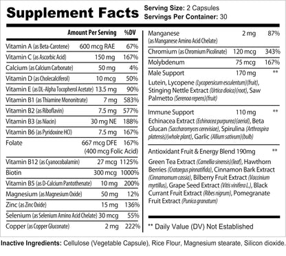 Bradeson Naturals Men's Multivitamin Supplement for Energy, Focus and Performance. Mens Vitamins A, C, D, E & B12, Zinc, Calcium, Magnesium & More. Multi Vitamin 60 Capsules Made in The USA - dailyvitalstore