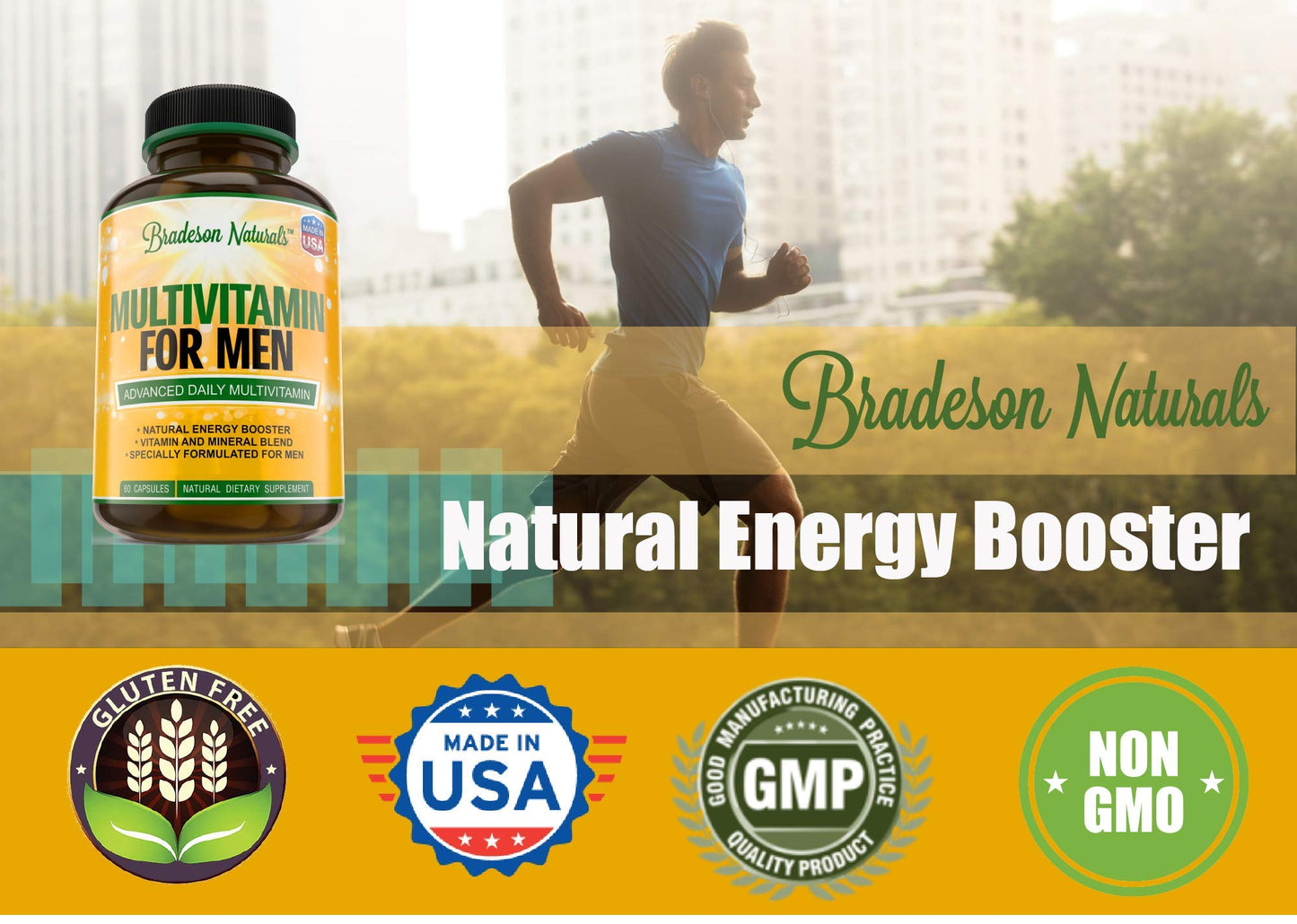 Bradeson Naturals Men's Multivitamin Supplement for Energy, Focus and Performance. Mens Vitamins A, C, D, E & B12, Zinc, Calcium, Magnesium & More. Multi Vitamin 60 Capsules Made in The USA - dailyvitalstore