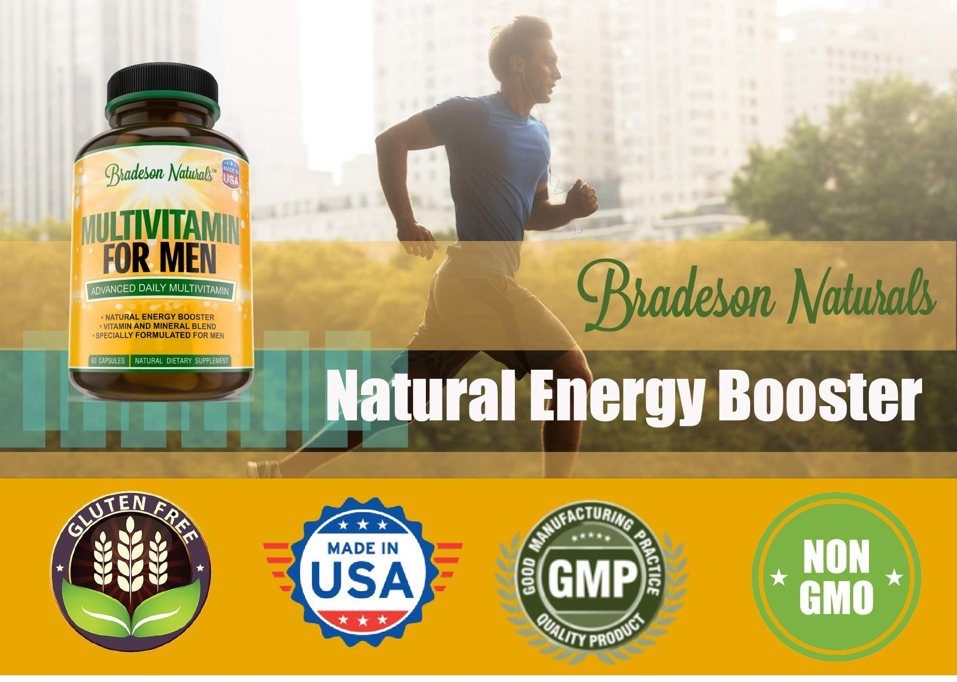 Bradeson Naturals Men's Multivitamin Supplement for Energy, Focus and Performance. Mens Vitamins A, C, D, E & B12, Zinc, Calcium, Magnesium & More. Multi Vitamin 60 Capsules Made in The USA - dailyvitalstore