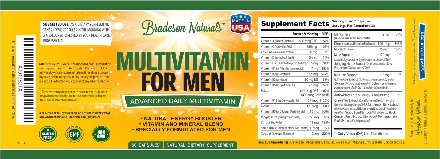 Bradeson Naturals Men's Multivitamin Supplement for Energy, Focus and Performance. Mens Vitamins A, C, D, E & B12, Zinc, Calcium, Magnesium & More. Multi Vitamin 60 Capsules Made in The USA - dailyvitalstore