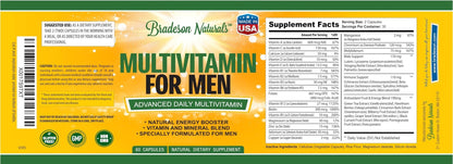 Bradeson Naturals Men's Multivitamin Supplement for Energy, Focus and Performance. Mens Vitamins A, C, D, E & B12, Zinc, Calcium, Magnesium & More. Multi Vitamin 60 Capsules Made in The USA - dailyvitalstore