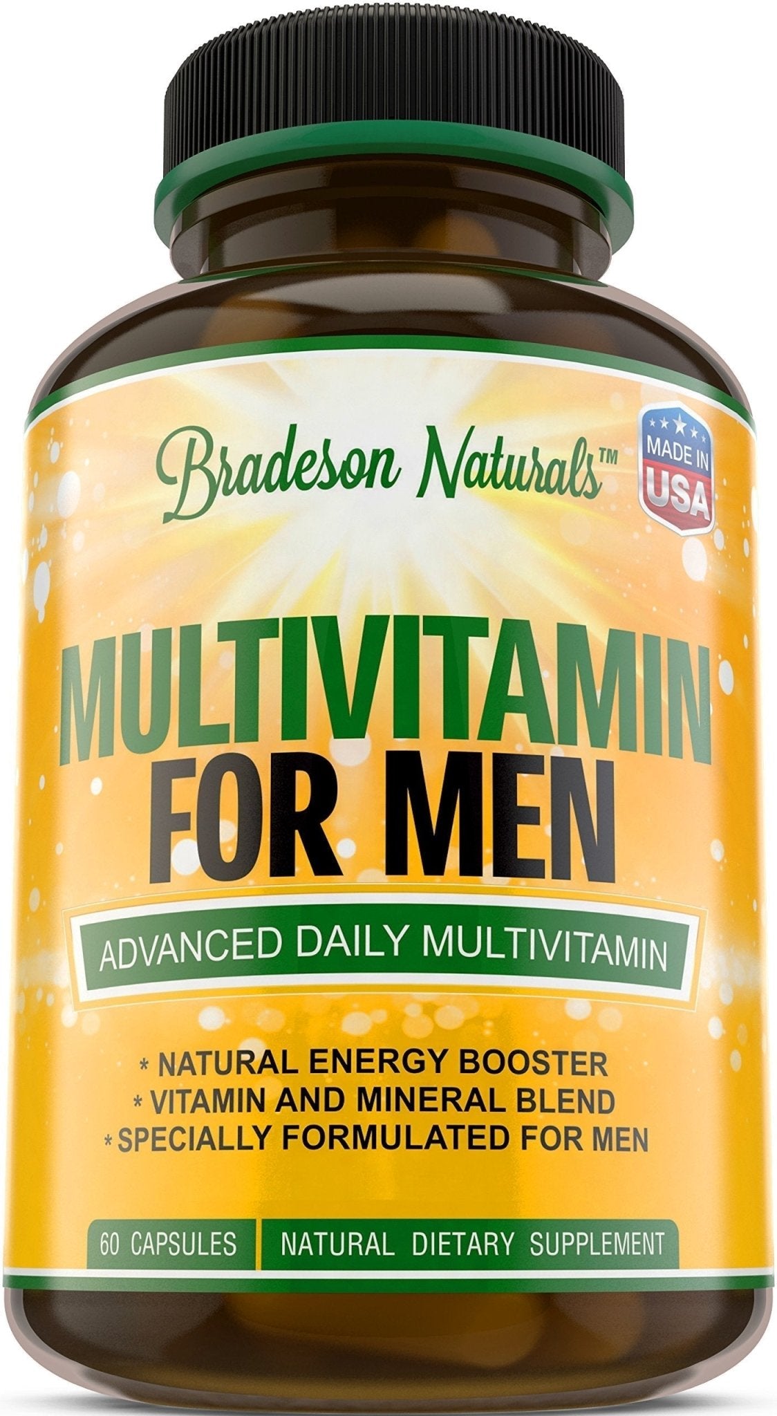 Bradeson Naturals Men's Multivitamin Supplement for Energy, Focus and Performance. Mens Vitamins A, C, D, E & B12, Zinc, Calcium, Magnesium & More. Multi Vitamin 60 Capsules Made in The USA - dailyvitalstore